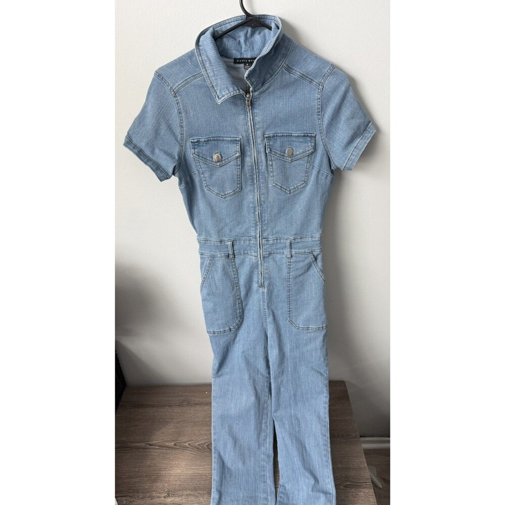 Haute Monde Denim Jumpsuit Belted Utility Stretch Blue Short Sleeve S